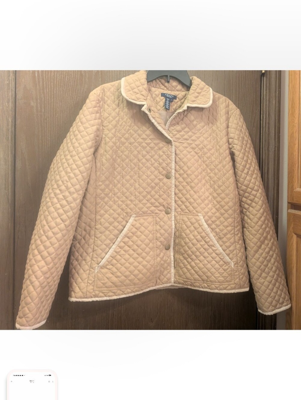 CHAPS Womens Quilted Jacket Sz Lg Tan w/Beige Trim Snap Close Light Weight